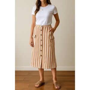 Love Tree Button Front Midi Skirt Striped Linen Blend Cargo Pockets Sz M Flawed